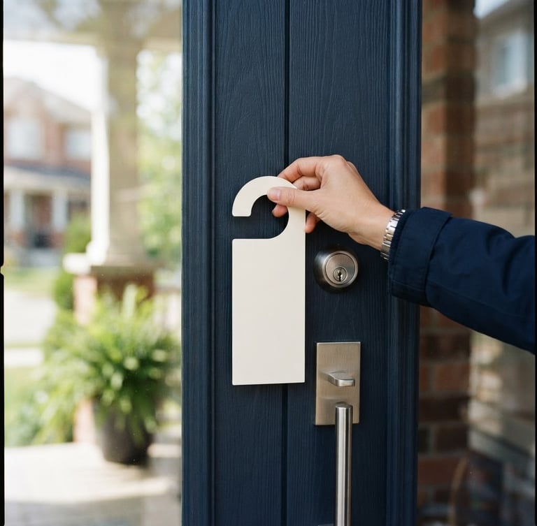 Crisp 35mm street-level photograph of a hand placing a clean printed door hanger onto a modern residential front door, bright morning daylight, tight close-up.