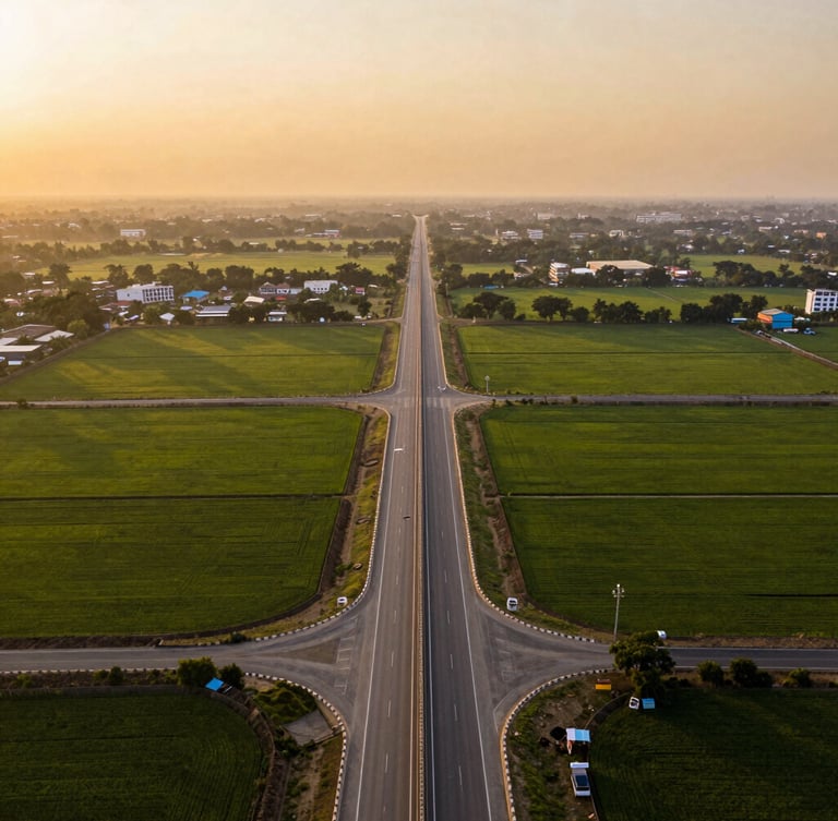 Wide environmental landscape of Phagwara bypass road, newly cleared geometric plot boundaries under warm golden hour sunlight, conveying premium investment potential.