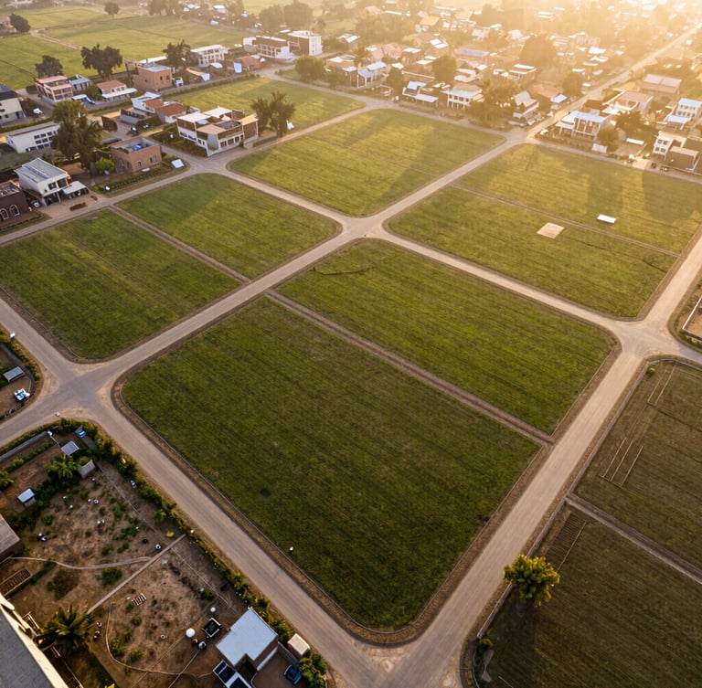 Wide environmental drone shot of cleared residential plots in Phagwara under warm golden hour sunlight, showing clean geometric boundaries and road connectivity