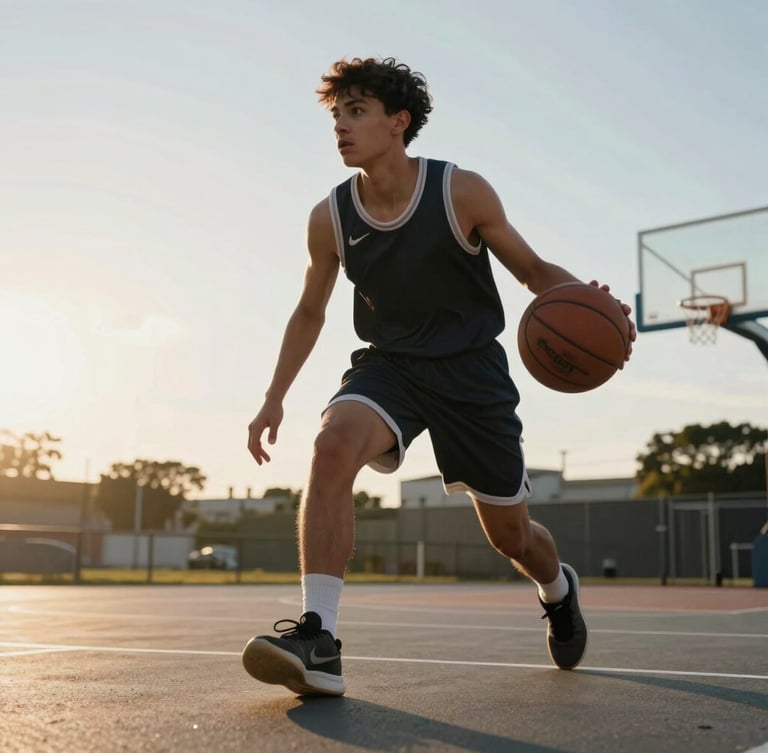 Low-angle dynamic shot of a young basketball player mid-dribble on an outdoor court, focused expression, golden hour natural light, sharp movement.