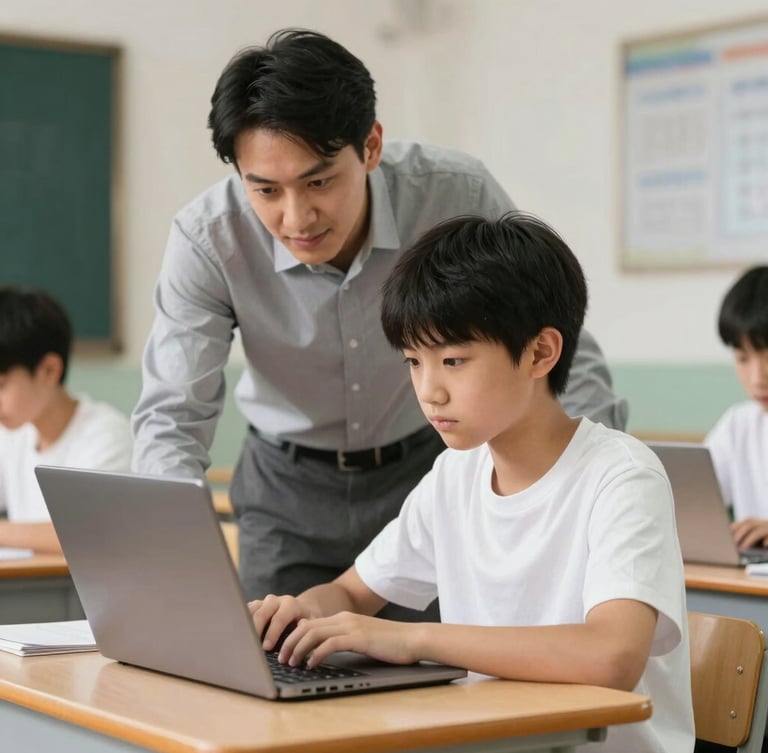 A focused young student sitting at a desk in a brightly lit classroom, working on a laptop with a mentor guiding them from behind.