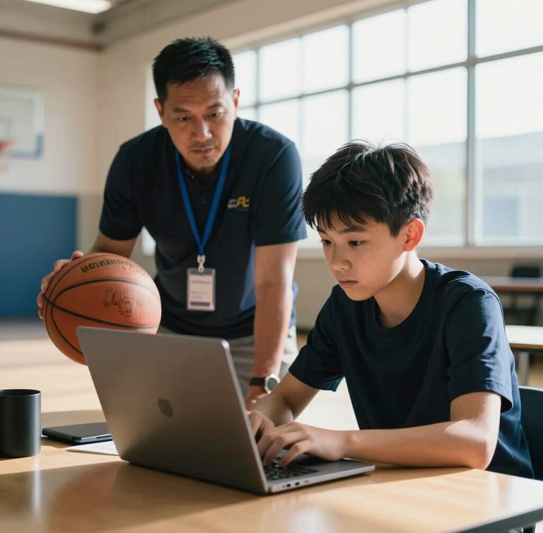A focused teenager analyzing a laptop screen next to a basketball coach in an Oakland community center, high-contrast natural window light.