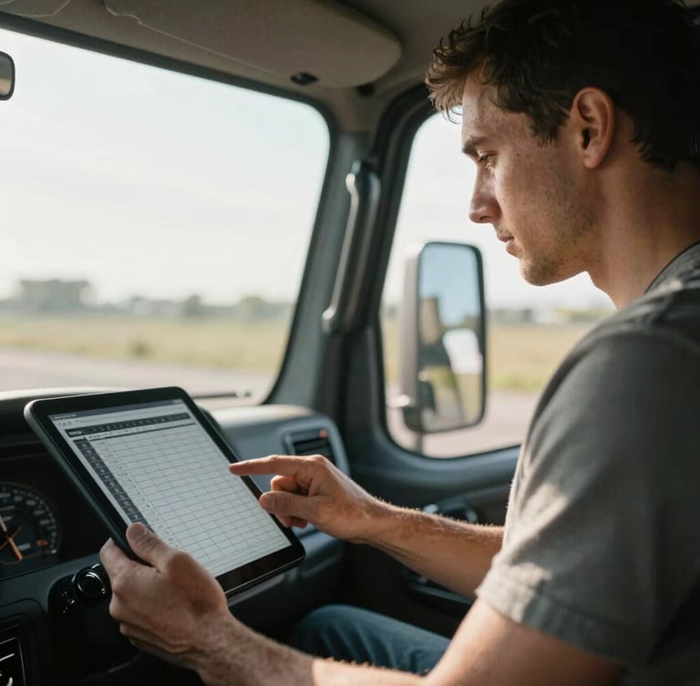 Close-up of a professional truck driver in a clean cab, looking at a digital tablet schedule, warm morning light, high contrast