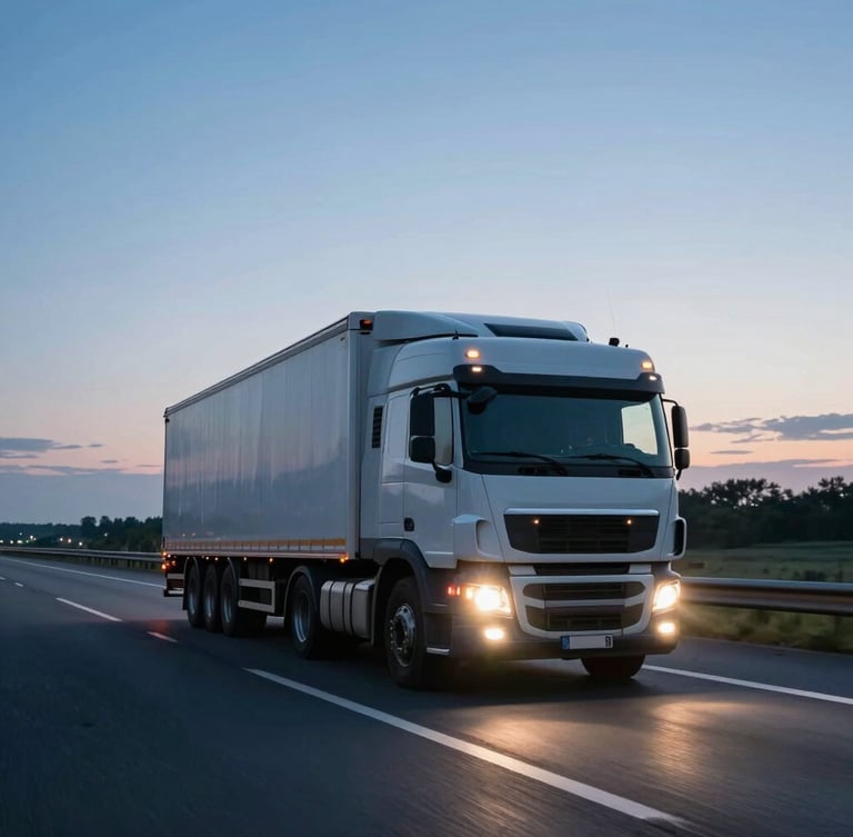 Wide environmental shot of a heavy-duty semi-truck driving on the Autobahn at early morning blue hour, headlights casting a bright glow, asphalt wet, cinematic composition.