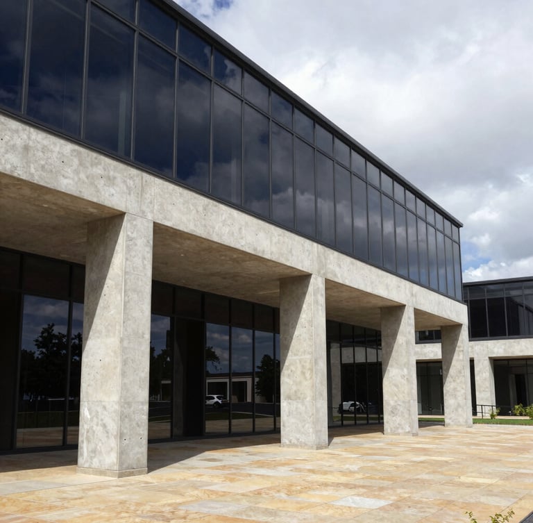 Sharp architectural environmental shot of a modern concrete and glass commercial structure with high-contrast geometric shadows, bright overcast daylight, 35mm photography