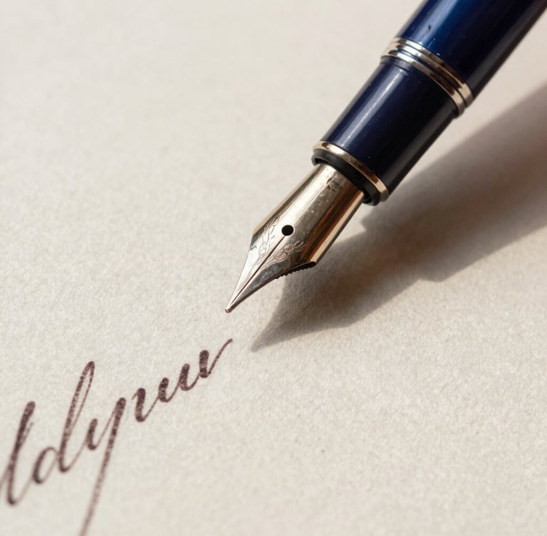 Macro close-up of a fountain pen resting on heavy textured cotton paper with elegant cursive script, sharp focus, high-contrast shadows, warm travertine and deep navy tones.