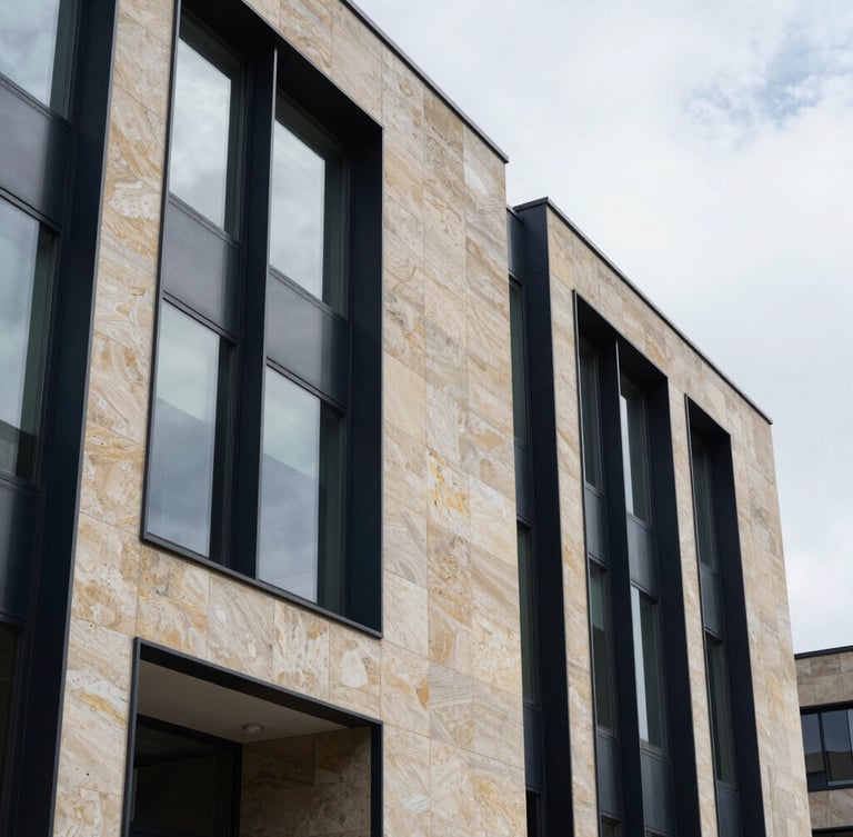 Architectural detail of a modern limestone and steel office facade, crisp shadows, natural overcast daylight, editorial corporate style, 35mm
