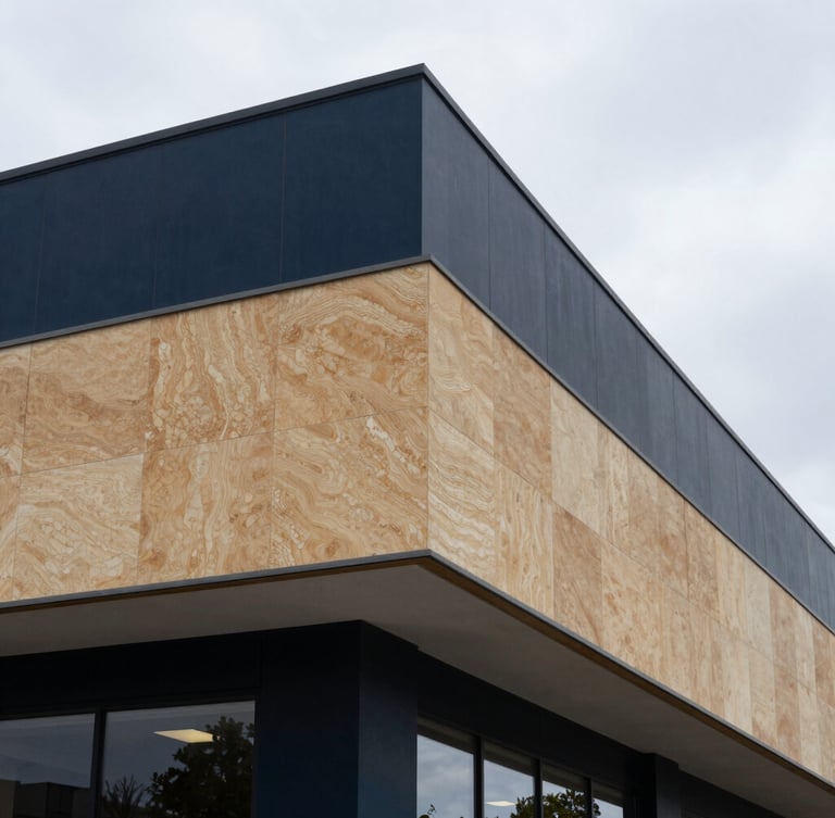 Architectural detail of a modern commercial structure with sharp geometric shadows, overcast daylight, 35mm