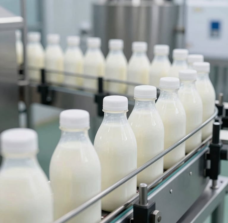 Medium shot of sealed milk bottles moving on a clean conveyor line inside a bright, modern dairy plant, clinical daylight