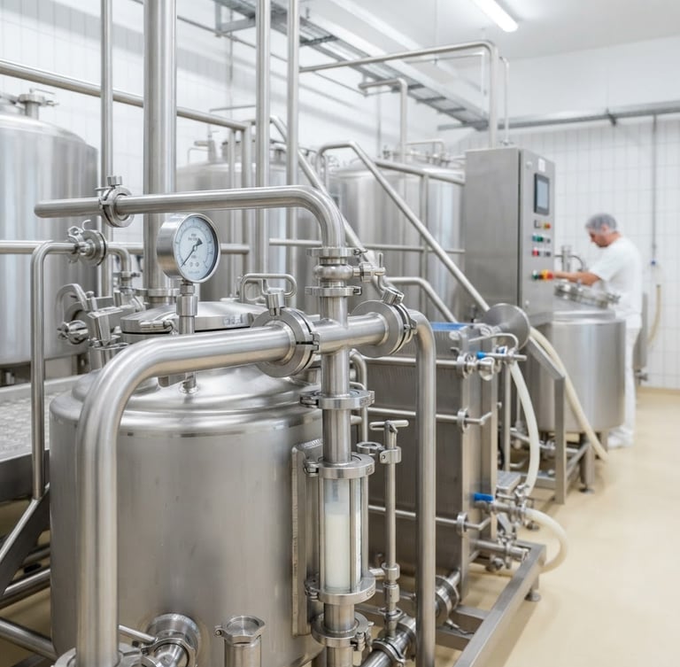 Bright high-key industrial photography, clean stainless steel dairy equipment, fresh white and cream tones, crisp studio light, 50mm