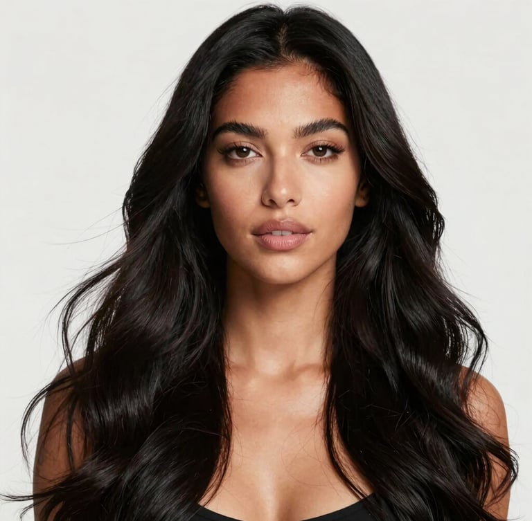 High-fashion portrait of a diverse woman showcasing long, voluminous, glossy black hair with natural movement, soft studio lighting, clean white background, 85mm