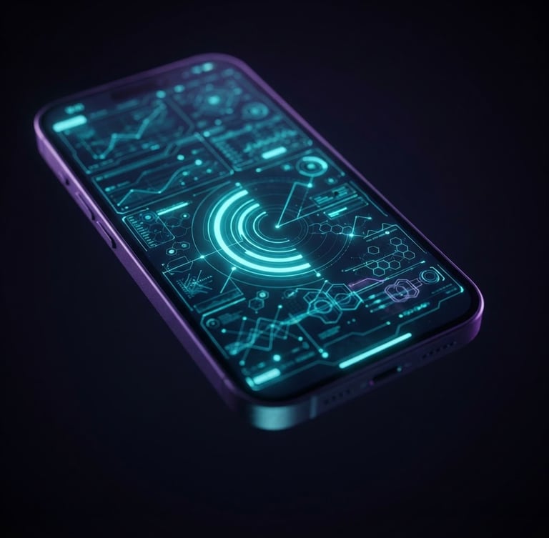 Sleek high-fidelity iPhone app mockup displaying clean cybernetic data visualizations, dark gray aluminum casing, neon cyan glowing interface lines, macro depth of field, floating in dark negative space.