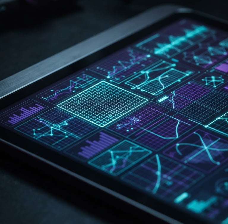 Macro close-up of a sleek aluminum device screen displaying clean data visualization grids, neon cyan and deep violet reflections, dark moody studio lighting.