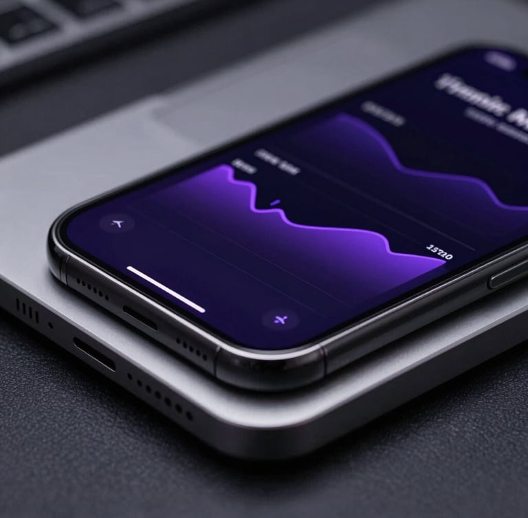 Macro close-up of a sleek aluminum workspace, an iPhone showing clean dark-mode interface analytics charts with neon violet highlights, moody studio lighting