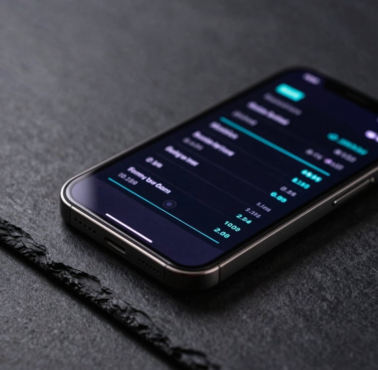 Macro product photography of a sleek titanium smartphone on a dark slate desk, displaying a clean data visualization interface with sharp cyan accent lines, low-key lighting
