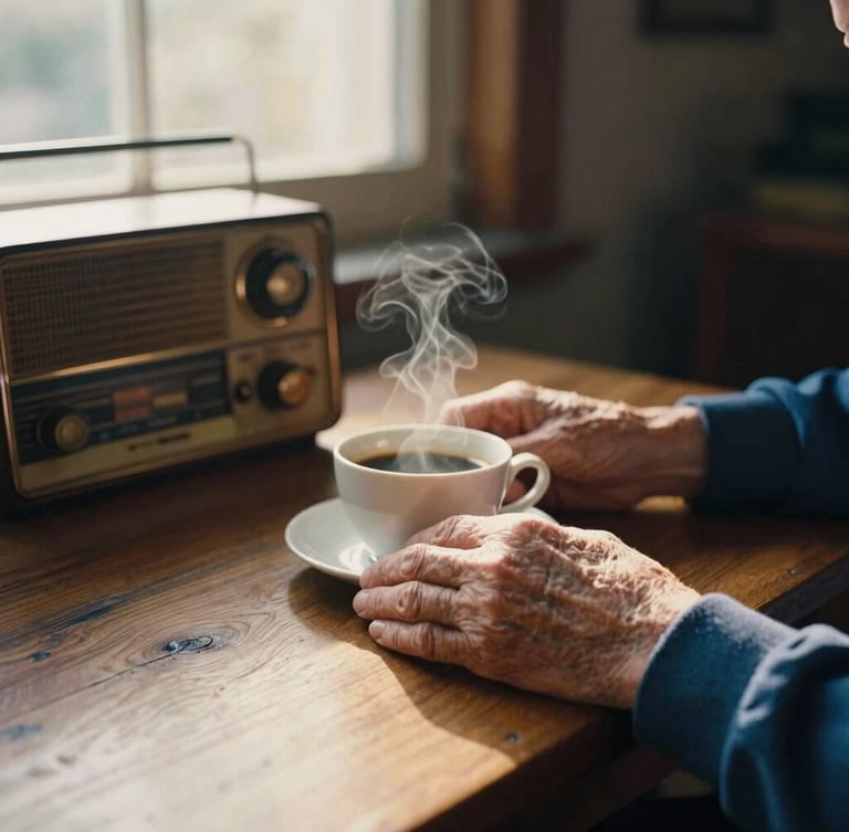 Hands of an elderly person resting on a polished wooden table next to a steaming cup of coffee, warm golden-hour light streaming through a window, peaceful atmosphere