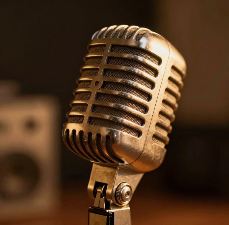 Macro shot of a vintage gold-toned microphone in a dimly lit studio, warm amber backlight reflecting off metallic textures, shallow depth of field