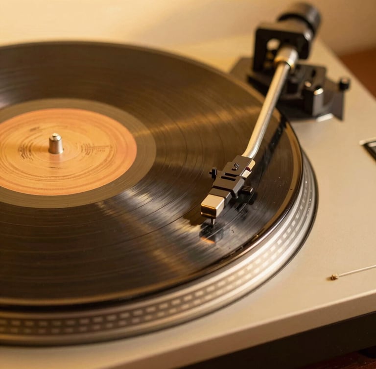 Close-up of a vintage vinyl record spinning on a modern turntable, warm golden-hour light catching the grooves, rich amber and gold tones