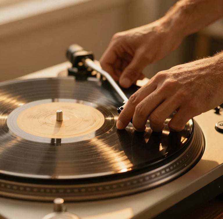 Close-up of hands gently placing a vinyl record on a vintage turntable, warm golden hour light, soft amber glow, shallow depth of field