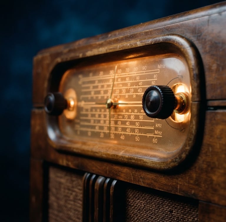Close-up of a vintage wooden radio dial glowing with warm amber light, soft focus, 35mm film style, deep midnight blue background