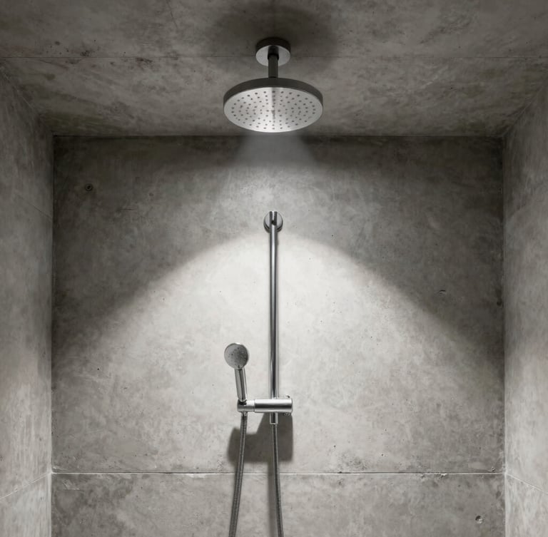 Symmetrical, dead-center architectural crop of a minimalist concrete bathroom, a single spotlighted chrome rain shower head projecting from the ceiling, casting a sharp shadow.