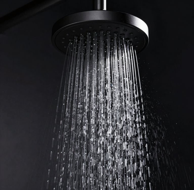 Symmetrical close-up of a monolithic matte black rain shower head, a single clean laminar stream of water falling vertically, dramatic side-lighting catching the sharp metallic edges against a deep obsidian background.