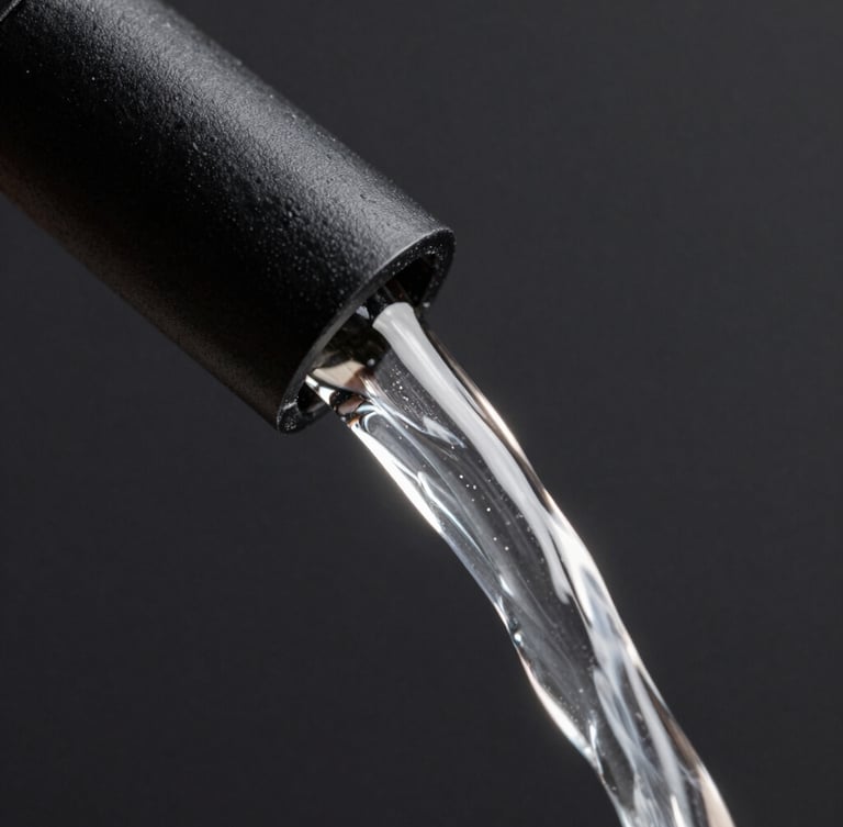 Extreme close-up macro shot of a perfect laminar water stream exiting a matte black spout, dark obsidian background, sharp metallic reflections.