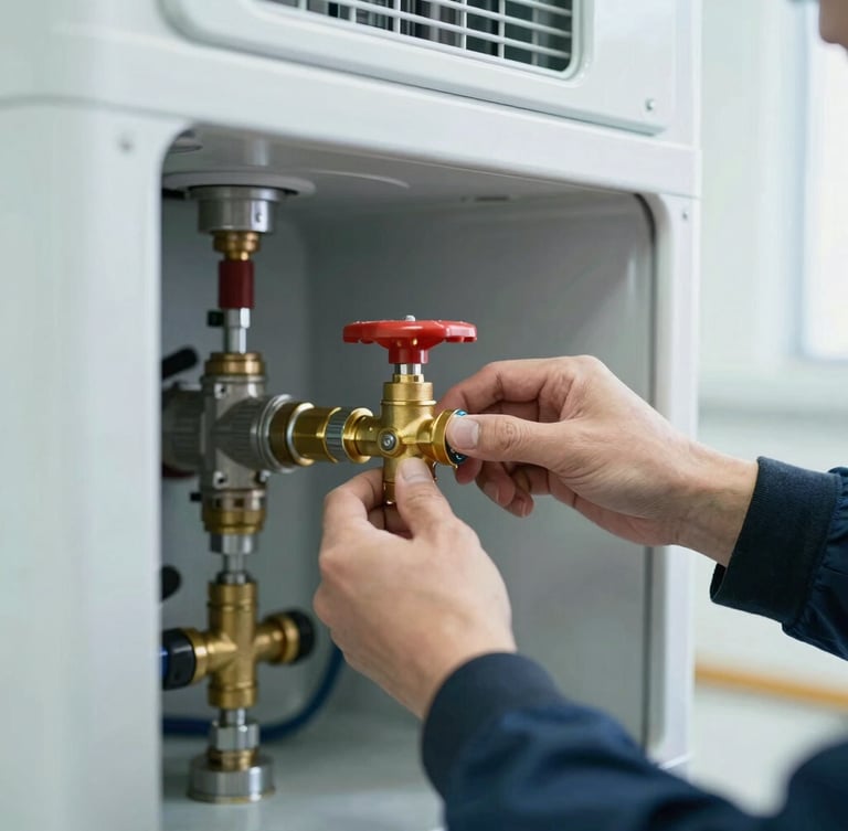 Close-up of technical hands adjusting a brass valve on a complex premium HVAC heating system, clean utility room, bright cool lighting, 35mm