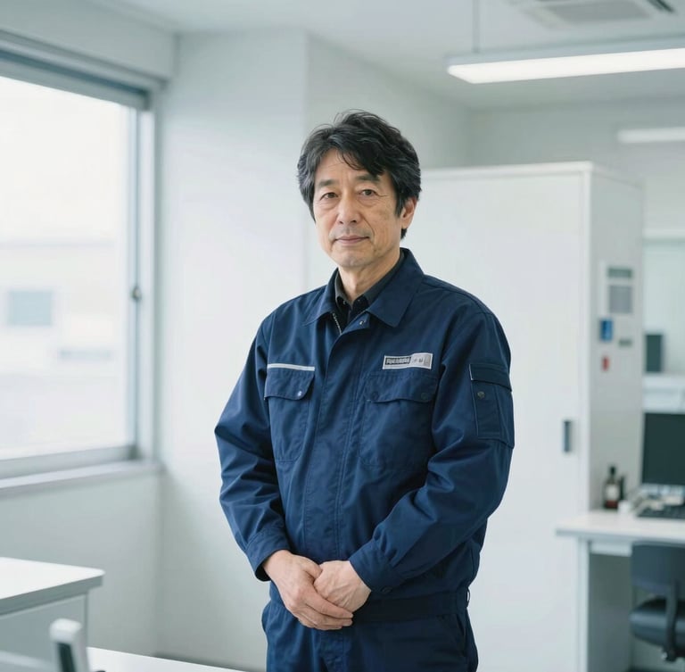 Professional portrait of a senior Japanese technical director in a clean dark-blue uniform, standing in a brightly lit, clean utility room, cool daylight, 35mm.