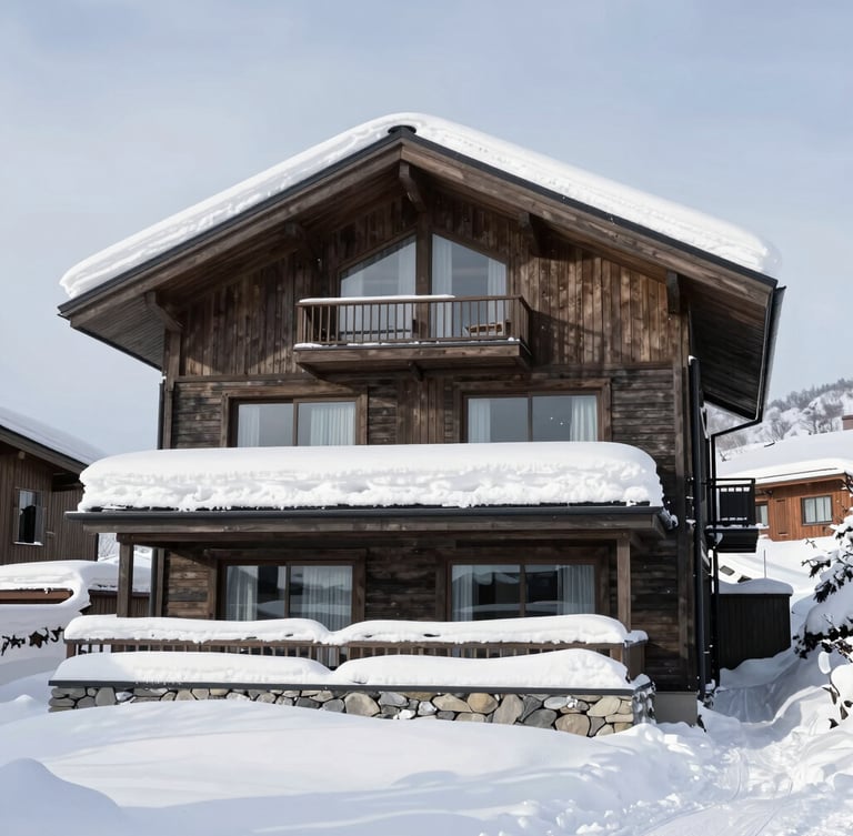 Sharp architectural photography of a modern luxury Niseko chalet exterior covered in deep snow, crisp cool winter daylight, high-contrast tones, 35mm.
