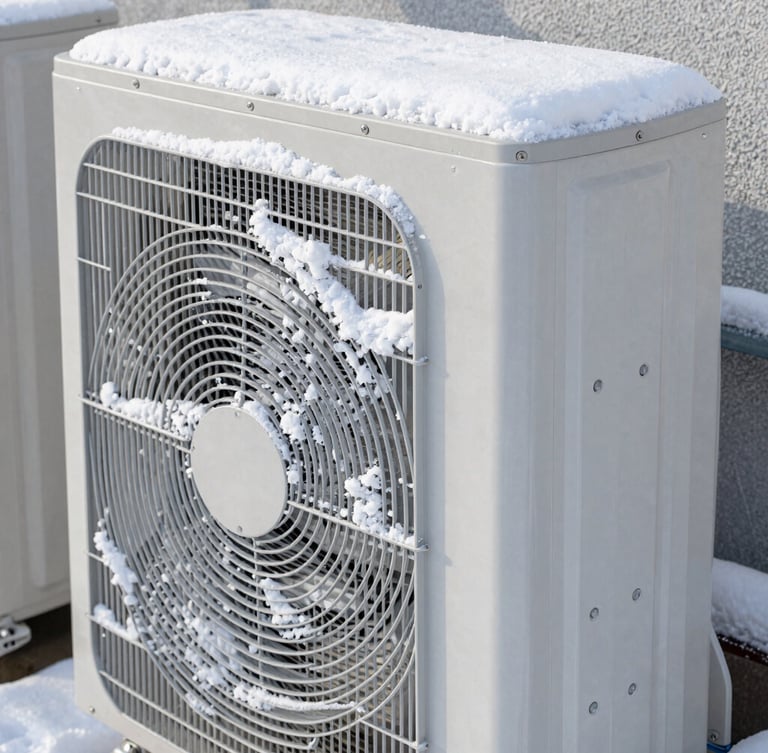 Sharp technical photography of a high-end HVAC heat pump system covered in fresh powder snow, bright cool winter daylight, architectural detail, 35mm