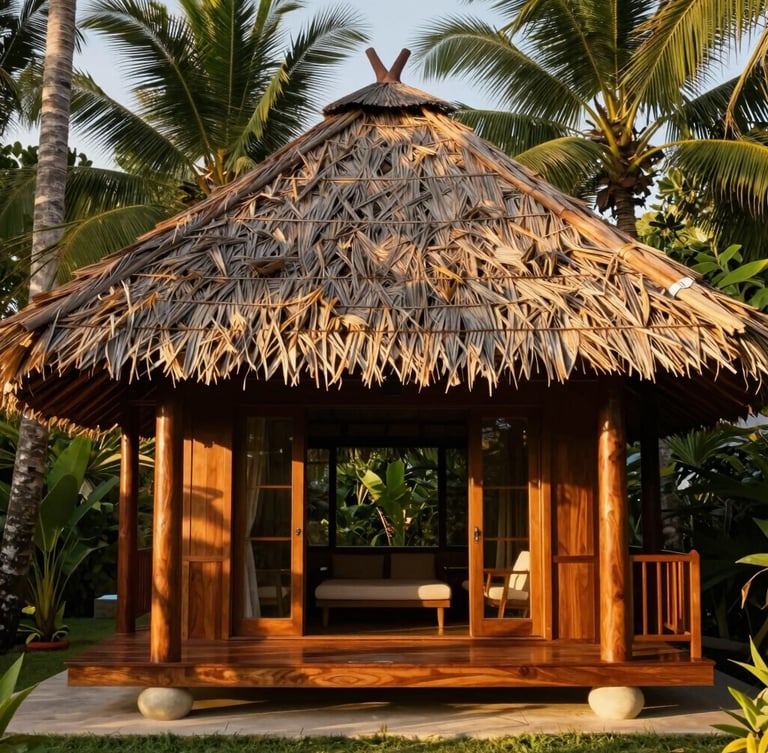 A luxurious tropical cabin with hand-woven palm roof and polished wood pillars, captured at golden hour with warm sunlight filtering through the trees, editorial architectural photography, 35mm
