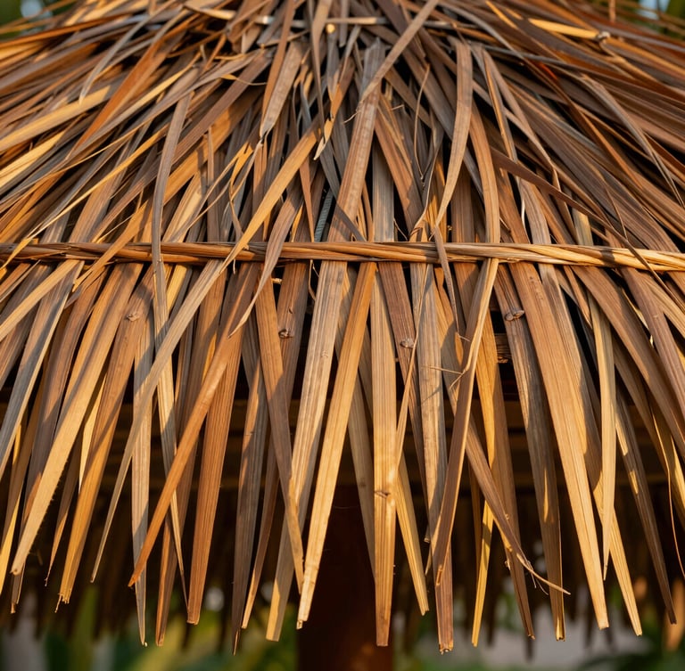 Macro shot of hand-woven royal palm thatch, golden-hour tropical sunlight filtering through rich brown fibers, architectural detail, 35mm