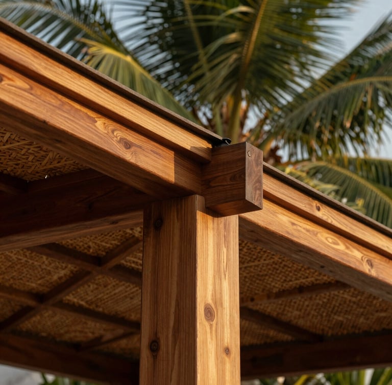 Close-up architectural photograph of polished wood joints and hand-woven palm roof under warm golden-hour tropical sunlight, rich textures, 35mm