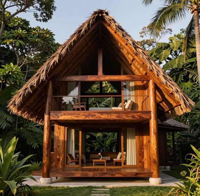 Modern luxury tropical cabin with high-pitched thatched roof, rich polished wood columns, integrated into a lush forest landscape, warm sunset light, editorial architectural photography