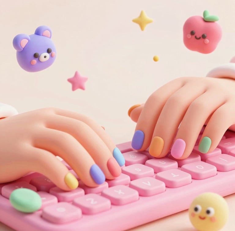 Close-up of hands with colorful pastel nails typing on a neon pink keyboard, floating 3D clay-like stickers around, bright studio lighting, macro.