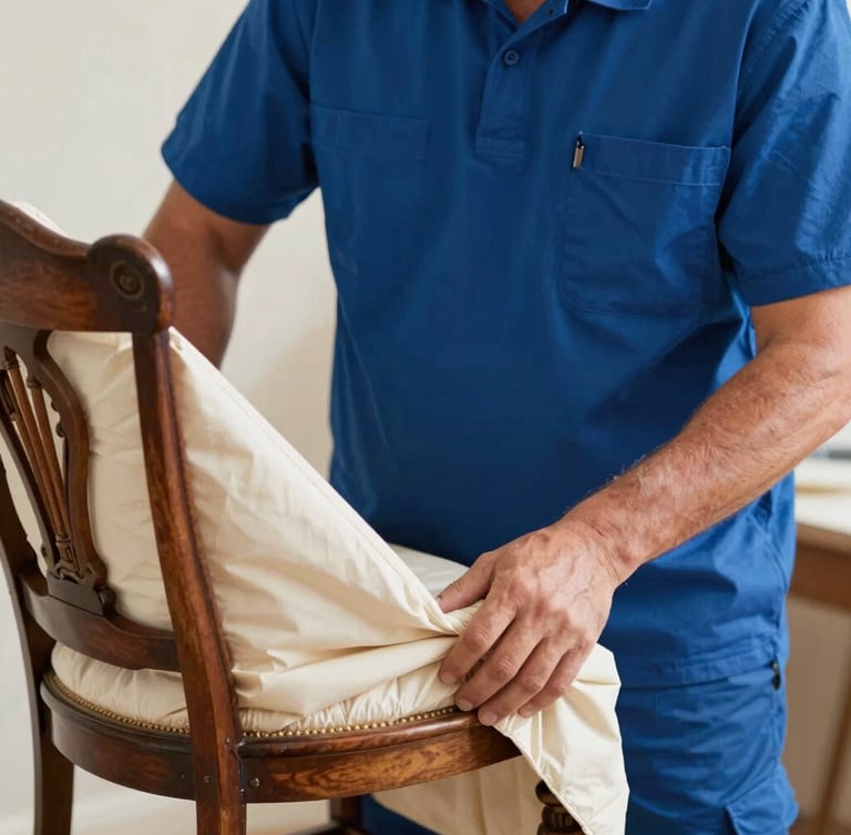 Close-up portrait shot of a professional mover in a clean uniform carefully wrapping an antique wooden chair with protective padding, hands in focus, natural daylight.