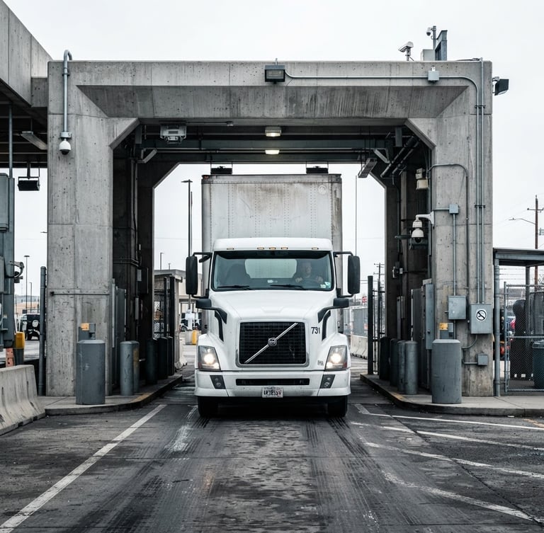 A straight-on, high-contrast shot of a commercial shipping truck passing through a concrete border checkpoint in bright overcast daylight, sharp architectural framing.