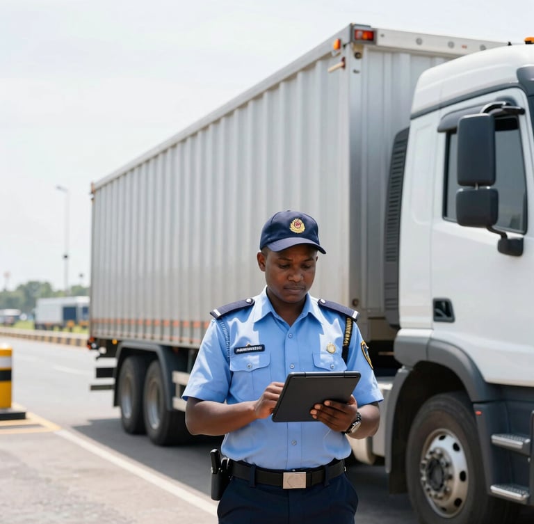 Portrait view of a customs agent in uniform, sharp focus, standing beside a heavy haulage truck at a SADC border crossing, digital customs documentation visible on a tablet, bright overcast daylight, high-contrast cool tones, crisp architectural framing, 35mm lens.