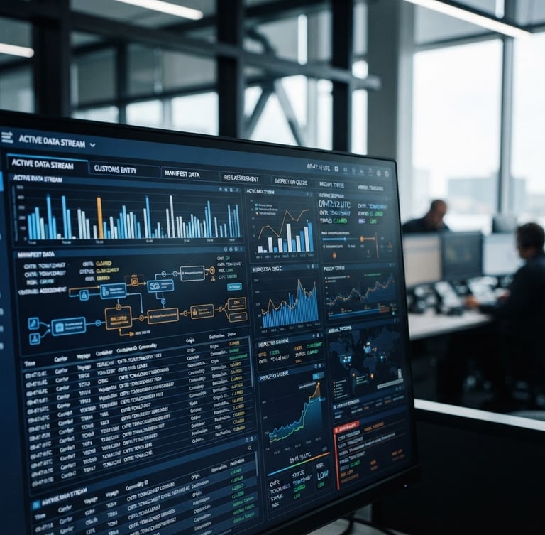 Close-up of a digital customs interface screen inside a modern border operations office, displaying real-time EDI system capture data, bright overcast daylight, high-contrast cool tones, crisp architectural framing, 35mm lens.