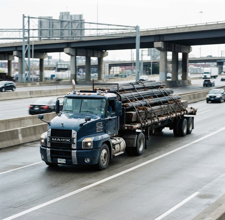 Flatbed truck carrying industrial steel rods and raw materials on a highway, bright overcast daylight, high-contrast cool tones, crisp architectural framing, 35mm lens