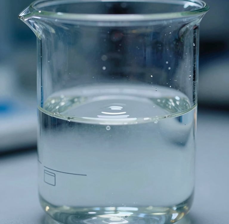 Extreme macro close-up of clear, high-viscosity organic titanate liquid inside a clinical quartz beaker, cool blue-toned laboratory lighting, sharp reflections, sterile environment.
