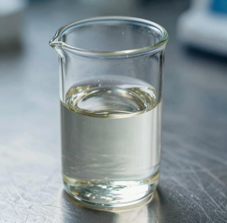 Macro close-up of clear liquid tetra isopropyl titanate in a clinical glass vessel, cool clinical laboratory lighting, high contrast stainless steel background