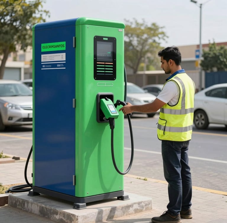 A sleek, modern electric battery swapping station in Karachi, bright daylight, commercial riders swapping batteries, professional clean environment, electric green accents.