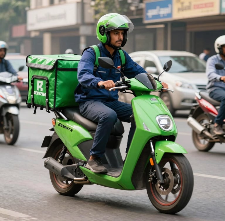 Medium action shot of a commercial delivery rider on a vibrant electric green motorcycle navigating a busy, sunlit street in Karachi, clean depth of field.