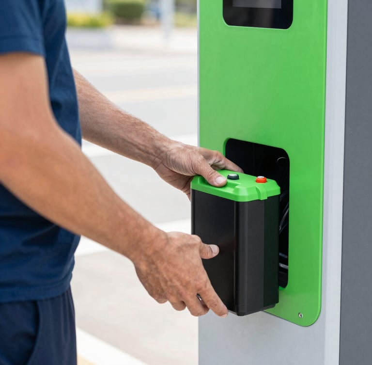 Close-up of a commercial rider swapping a sleek black and electric green battery pack into a modern docking station, bright natural daylight