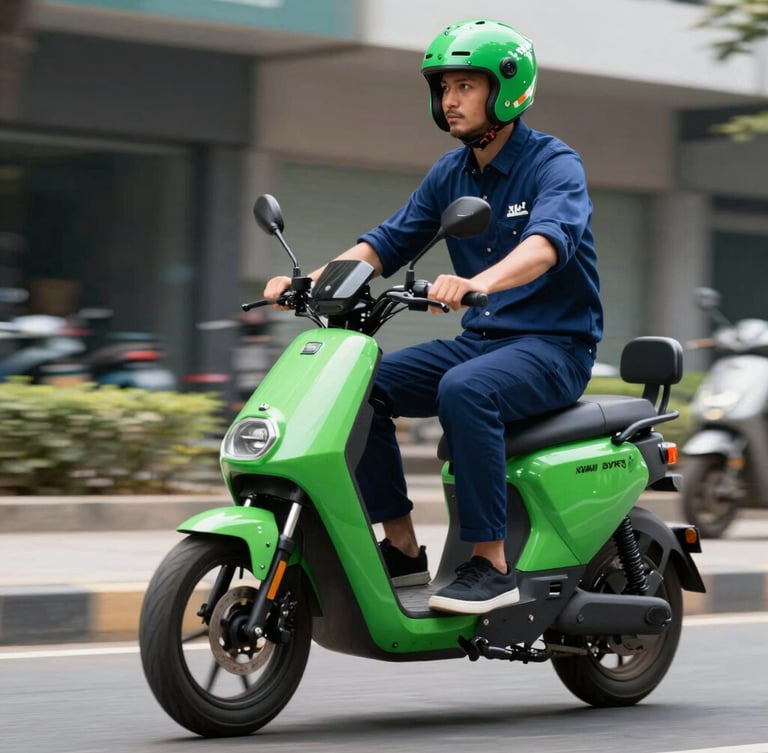A commercial electric bike rider in Karachi wearing a branded green helmet, high-contrast daylight, sharp commercial photography, deep blue and electric green tones.