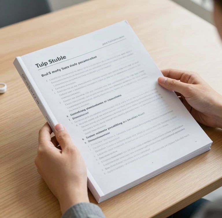 Hands holding a high-quality printed study guide on a wooden desk, soft daylight, professional editorial photography, 35mm