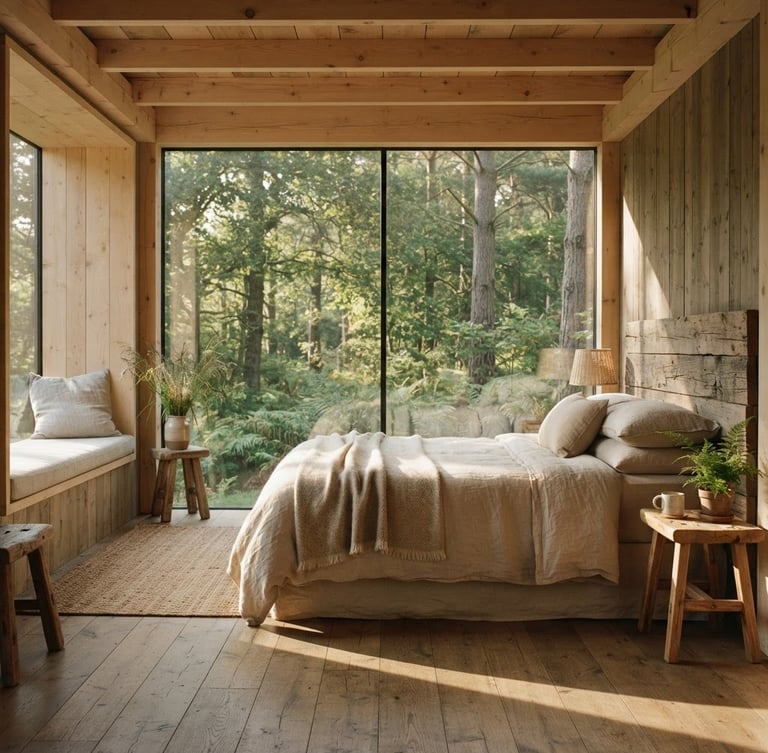 Architectural wide angle of a modern sustainable eco-lodge interior, soft morning window light casting long shadows on raw wood floors and linen sheets, 35mm photography