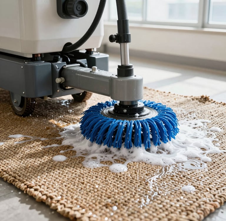 Bright modern industrial carpet washing facility, a heavy-duty machine with blue rotating brushes deep cleaning a thick woven rug, water and organic shampoo foam visible, high-key daylight.
